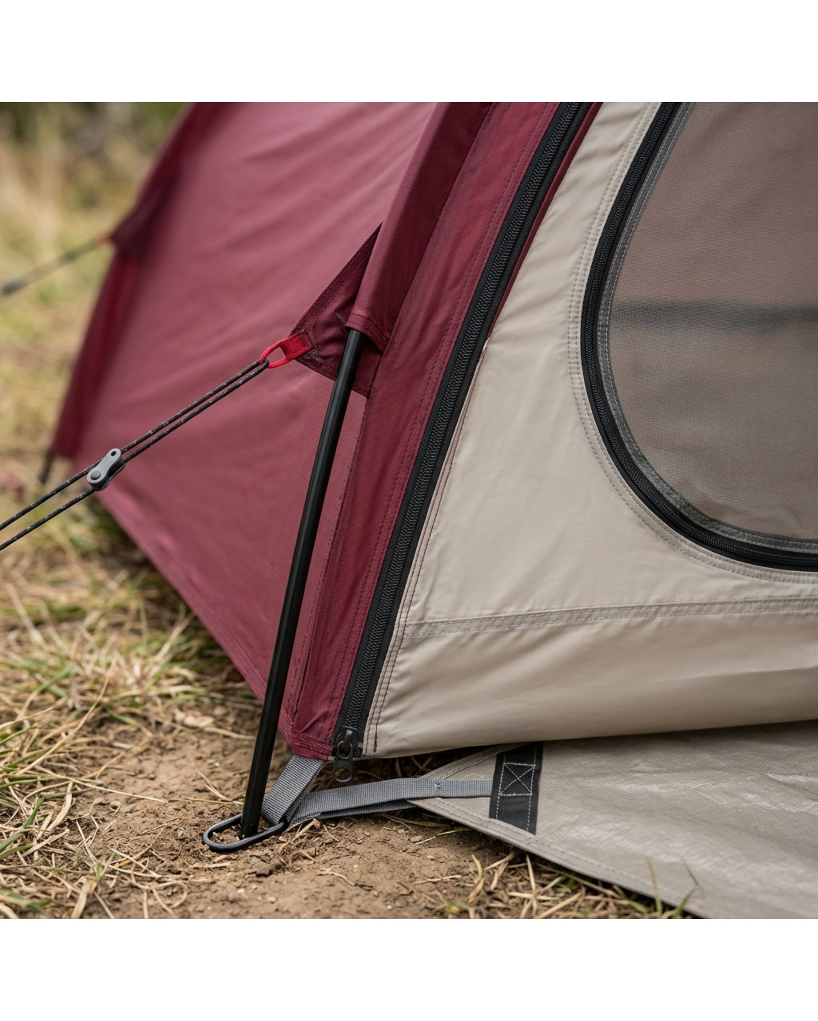 Rglvn Three Person Extended-Vestibule Tunnel Tent Burgundy Stone - Detail view