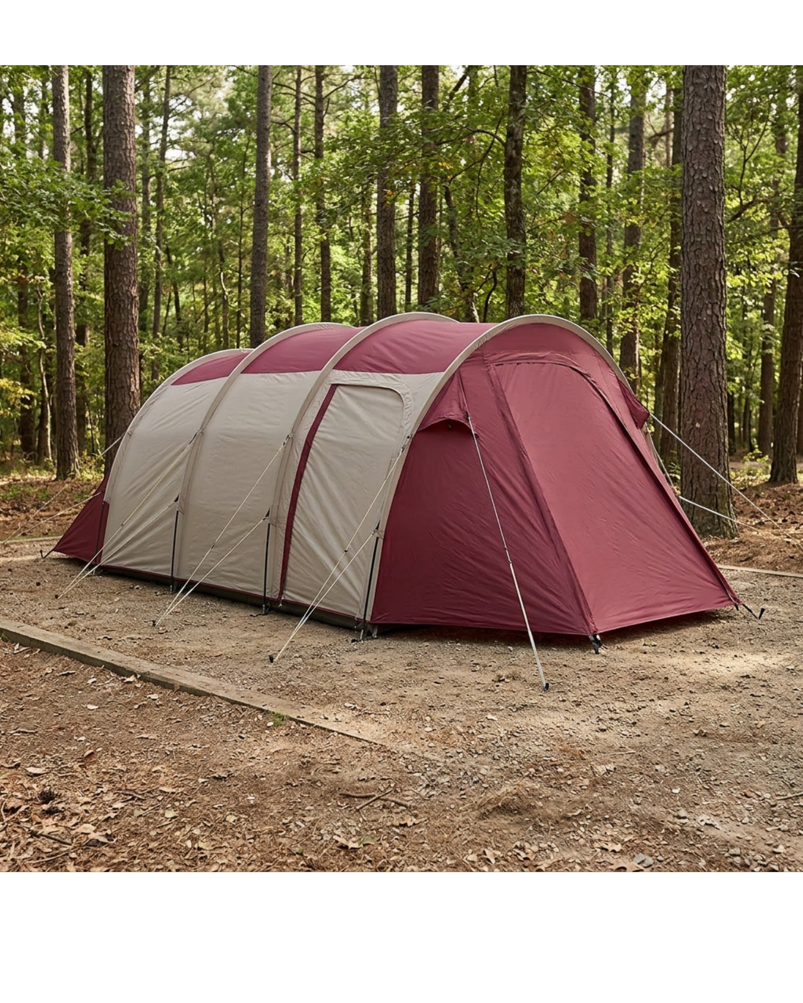 Rglvn Three Person Extended-Vestibule Tunnel Tent Burgundy Stone - Lifestyle view